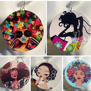 Large Round Dangle Wood Earrings, Multicolor, Handmade